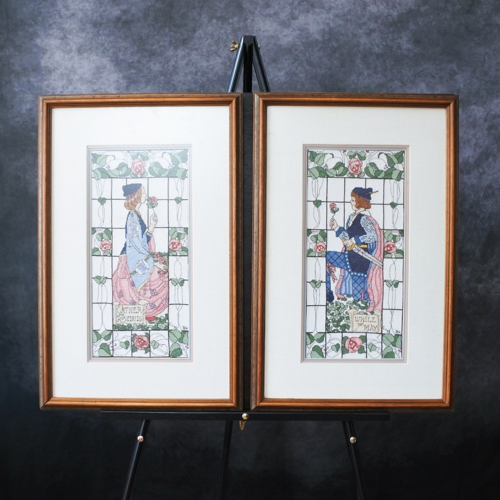 Vintage Handmade Cross Stitch Medieval Man Woman Framed Artwork Set